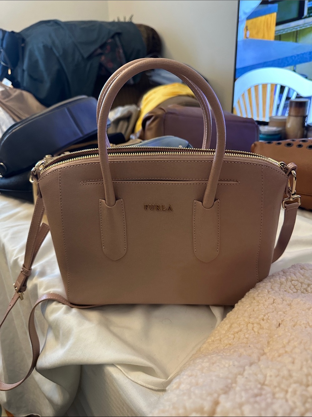 Furla Blush Leather Dome Satchel with Detachable Strap